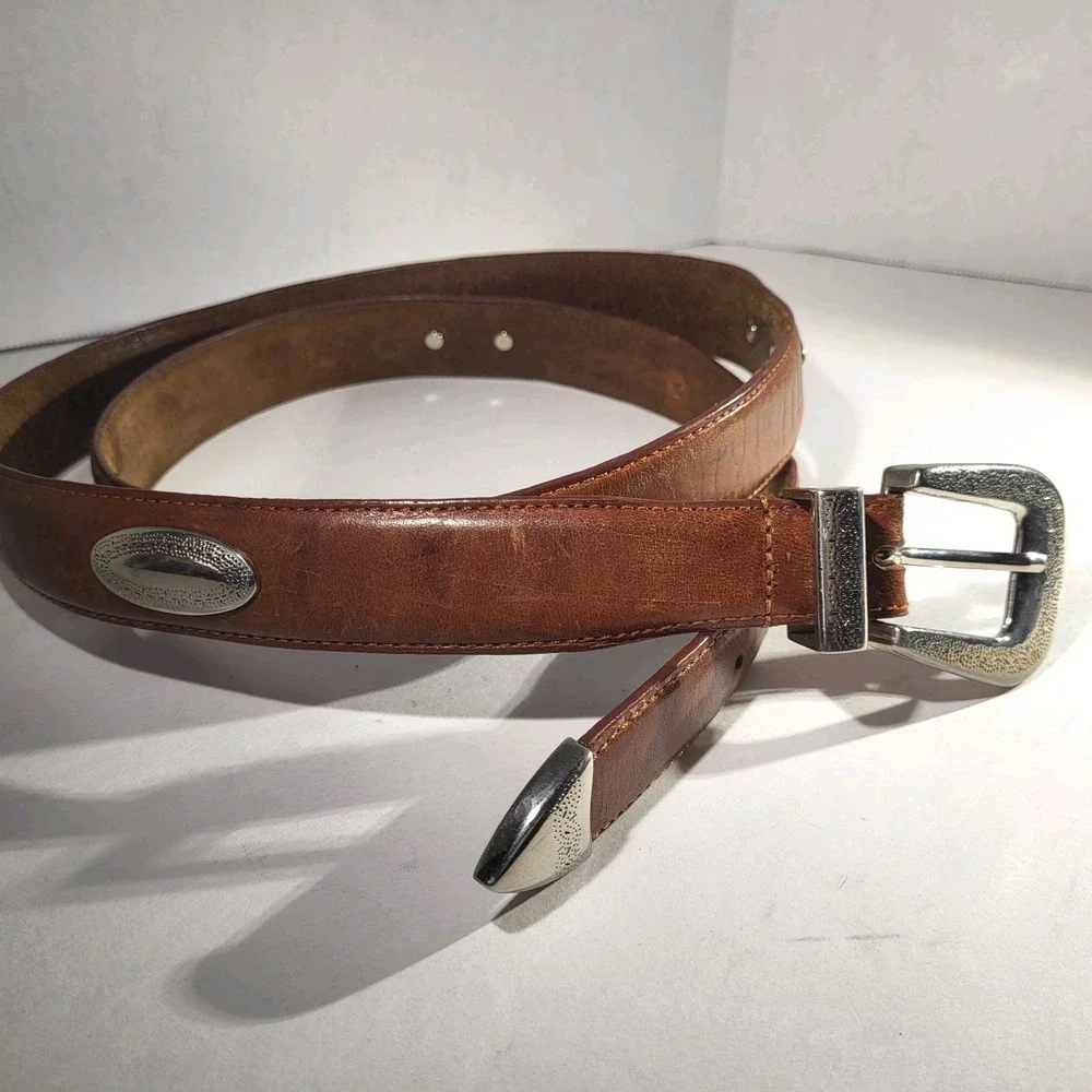 Brown Leather Belt 46 Silver‑Tone Buckle Medallions Western Unisex